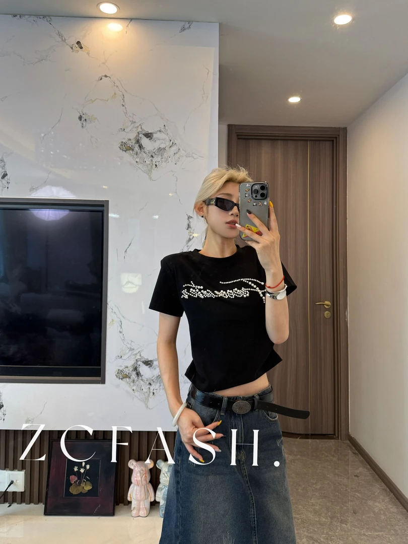 ZC-【夏季新款】重工定制立体钉珠短袖上衣