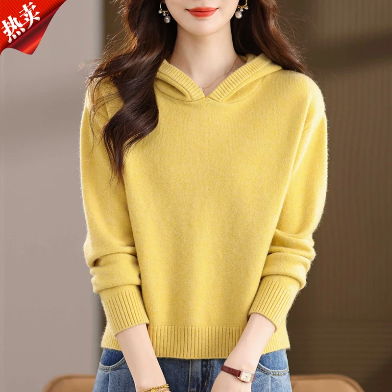 【原版正品】羊毛衫女连帽针织毛衣宽松显瘦套头长袖短款百搭打底衫