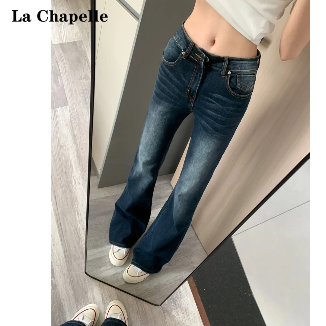 La Chapelle/拉夏贝尔美式低腰复古牛仔裤女2025早秋修身微喇长裤