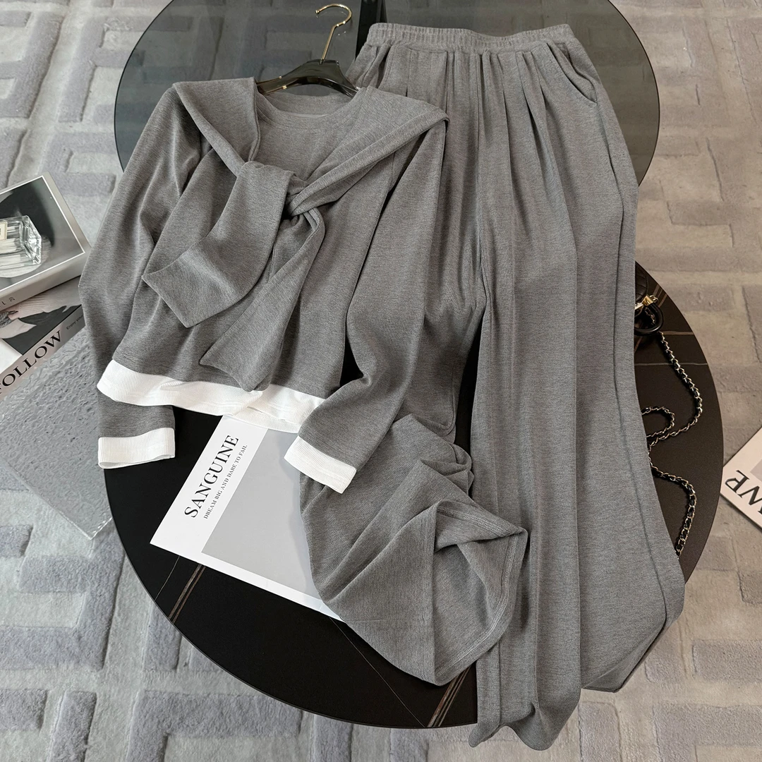 时尚休闲运动套装女秋新款修身显瘦长袖T恤外搭披肩阔腿裤三件套