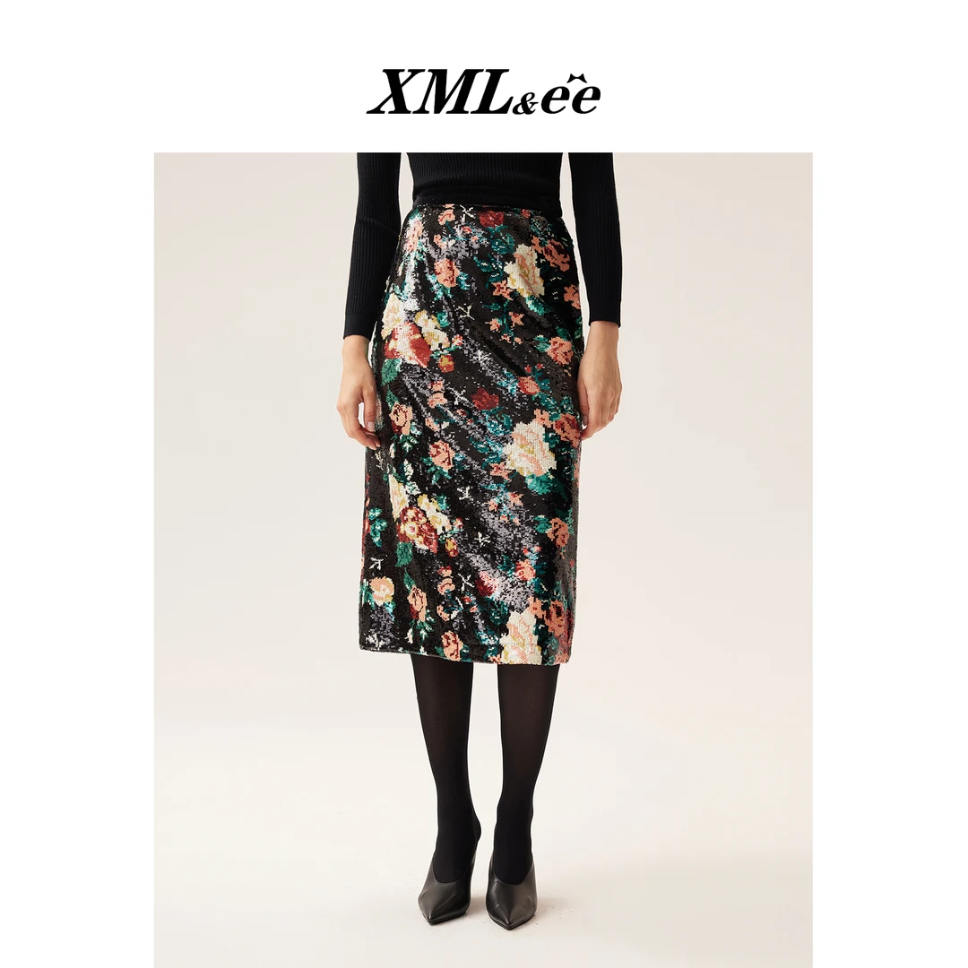 XMLee艾米尔 黑色手工刺绣珠片印花高腰时尚半身裙 X445Q5377