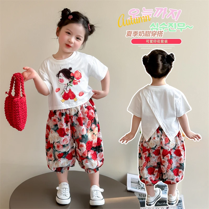 小女孩2025夏日新款套装卡通可爱小女孩印花短袖玫瑰防蚊裤两件套