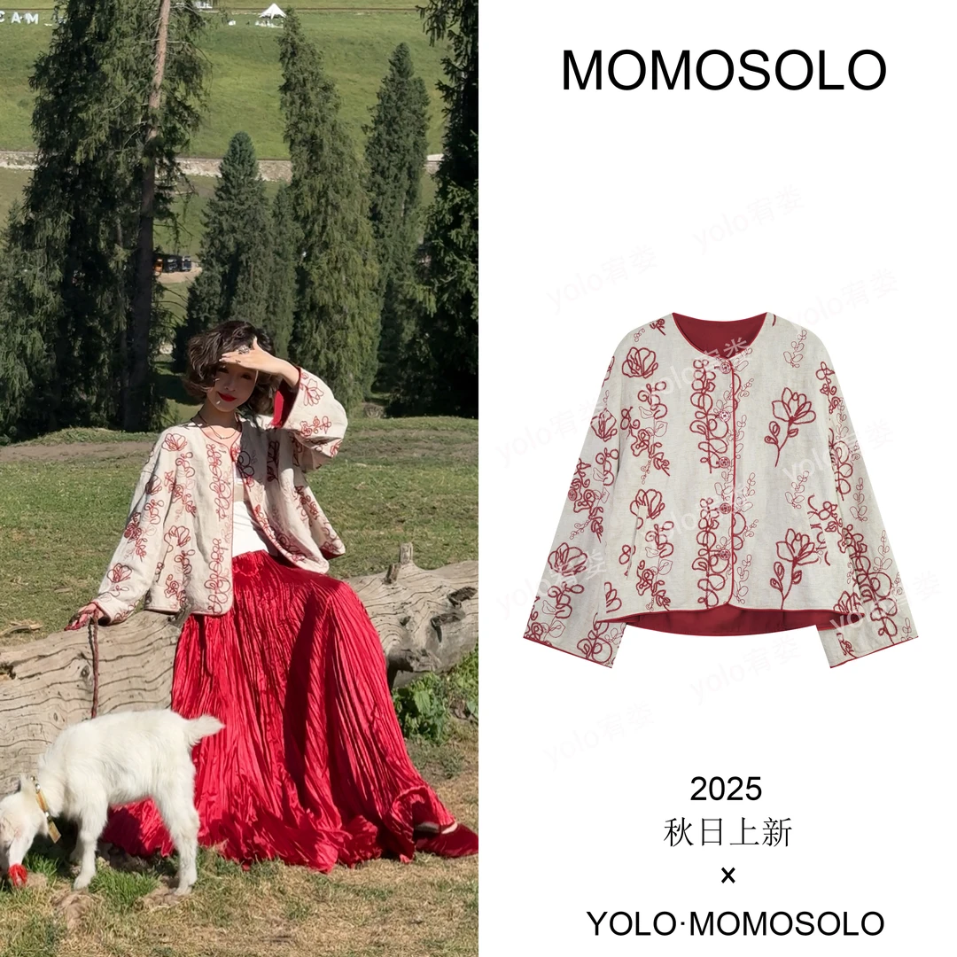 MOMOSOLO•芳华•2025 秋上新原创亚麻立体刺绣花朵长袖外套 YM3023