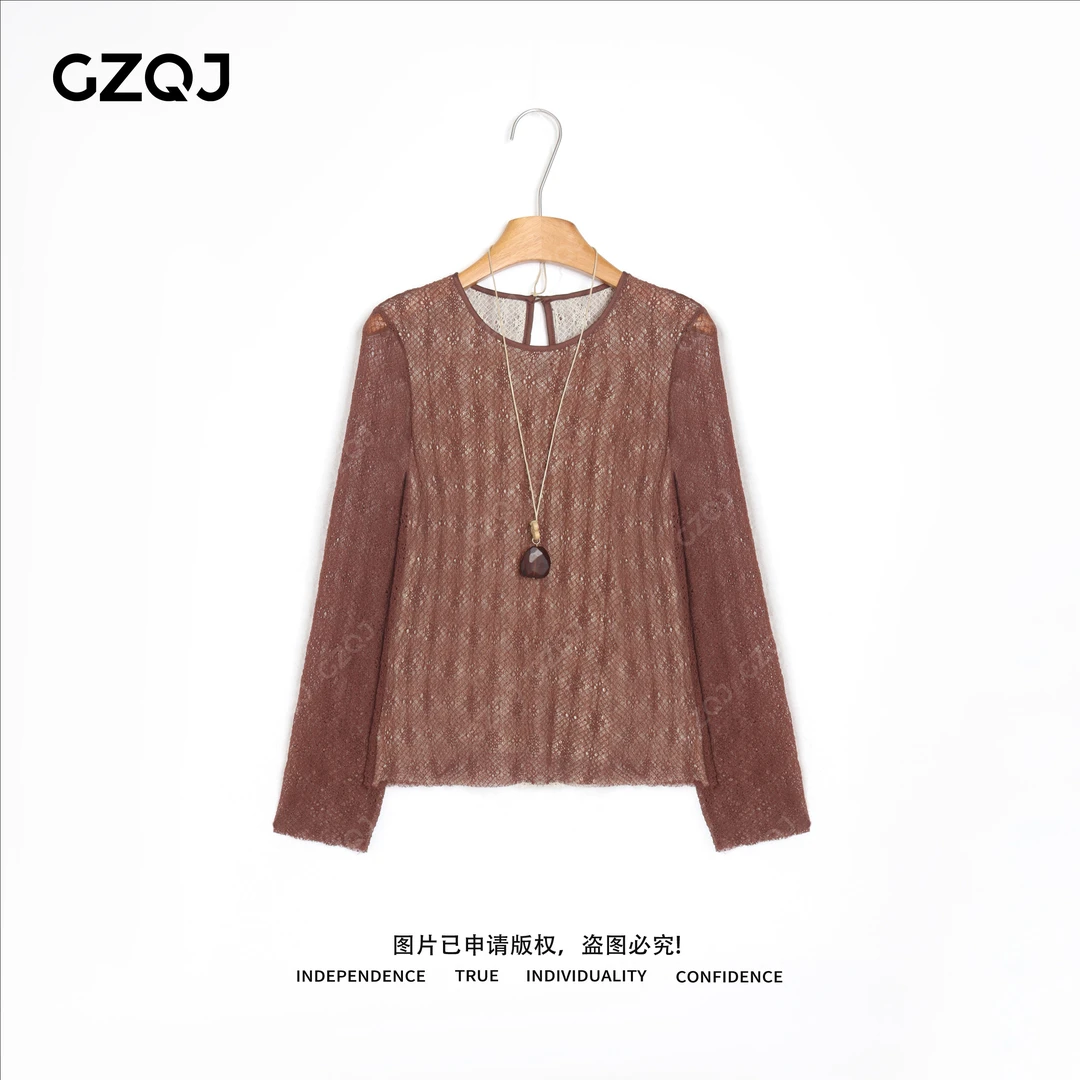 老琴私服【清雅气场】琥珀流光风镂空圆领假两件蕾丝上衣女秋季7670