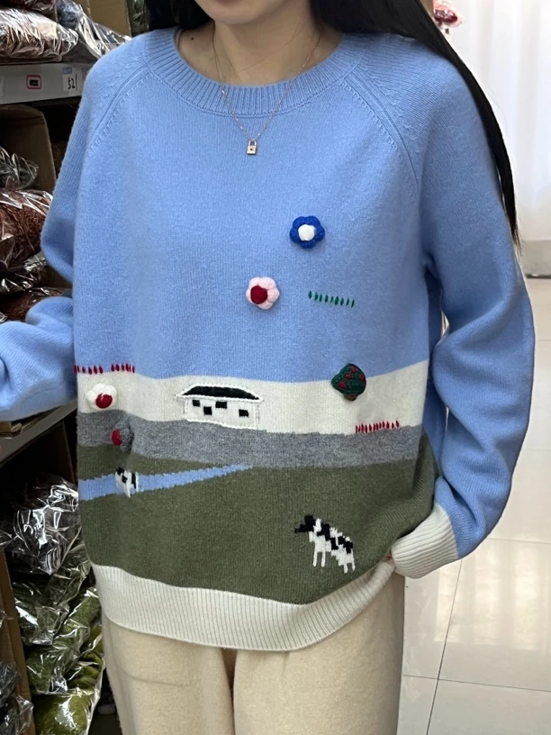 牧场刺绣款圆领羊绒套头衫 ct 742