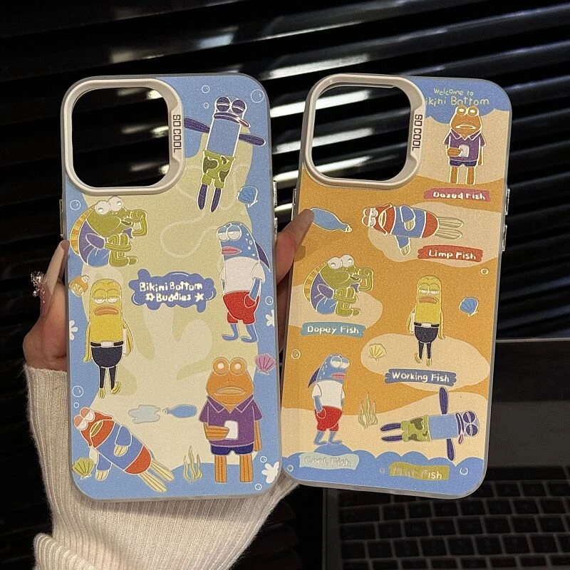 可爱比奇堡的居民适用苹果16pro磨砂彩银iphone15手机壳小众华为p