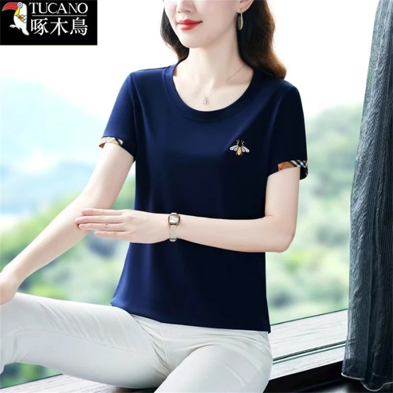 啄木鸟爆款时尚短袖圆领显瘦打底衫T恤女2025年新款简约通勤上衣
