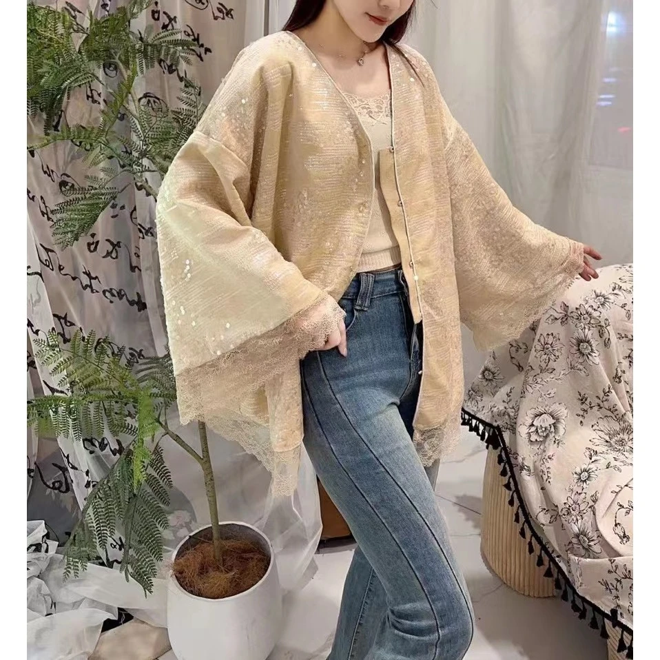 大码女春季新款亮片丝绒V领蕾丝宽袖口显瘦款6221