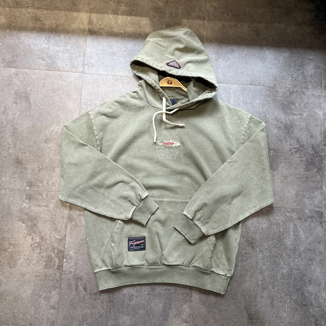 特价清货！480g重磅毛圈简约字母蜡染刺绣做旧卫衣连帽宽松男女潮