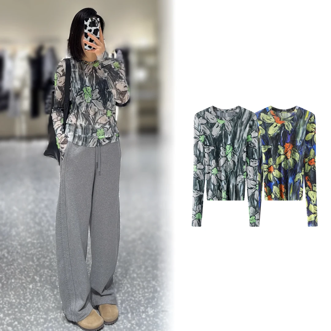 【0101】2025春款花朵印花弹力网纱圆领长袖打底衫内搭T恤女皮肤衣