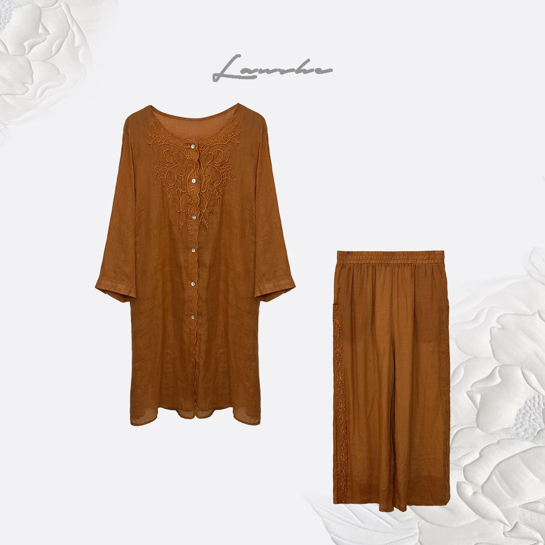 苎麻橘色刺绣外套长裤套装Z防晒衣