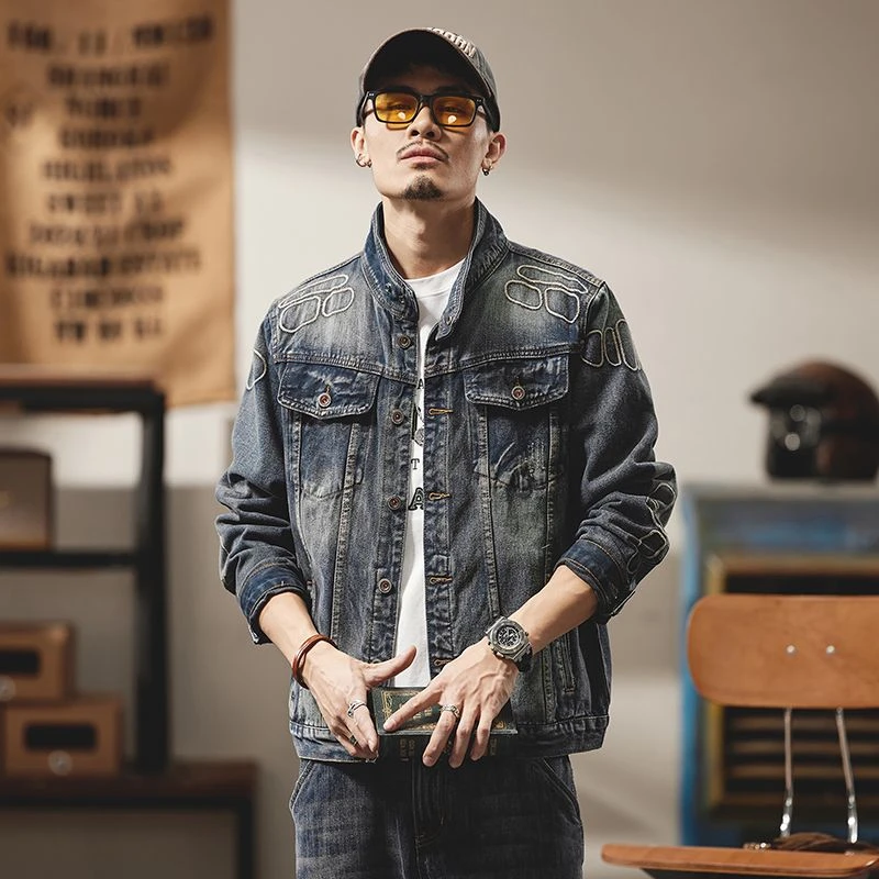 秋冬款牛仔夹克帅气立体刺绣牛仔夹克复古男士潮流立领男上衣刺绣