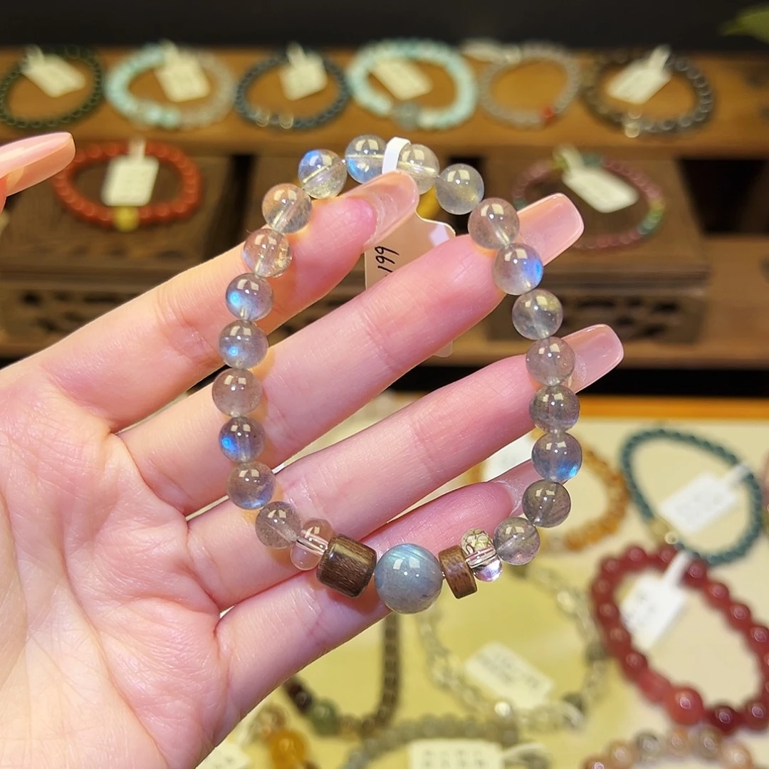 水晶银S925镀金镶嵌手串2068灰月光