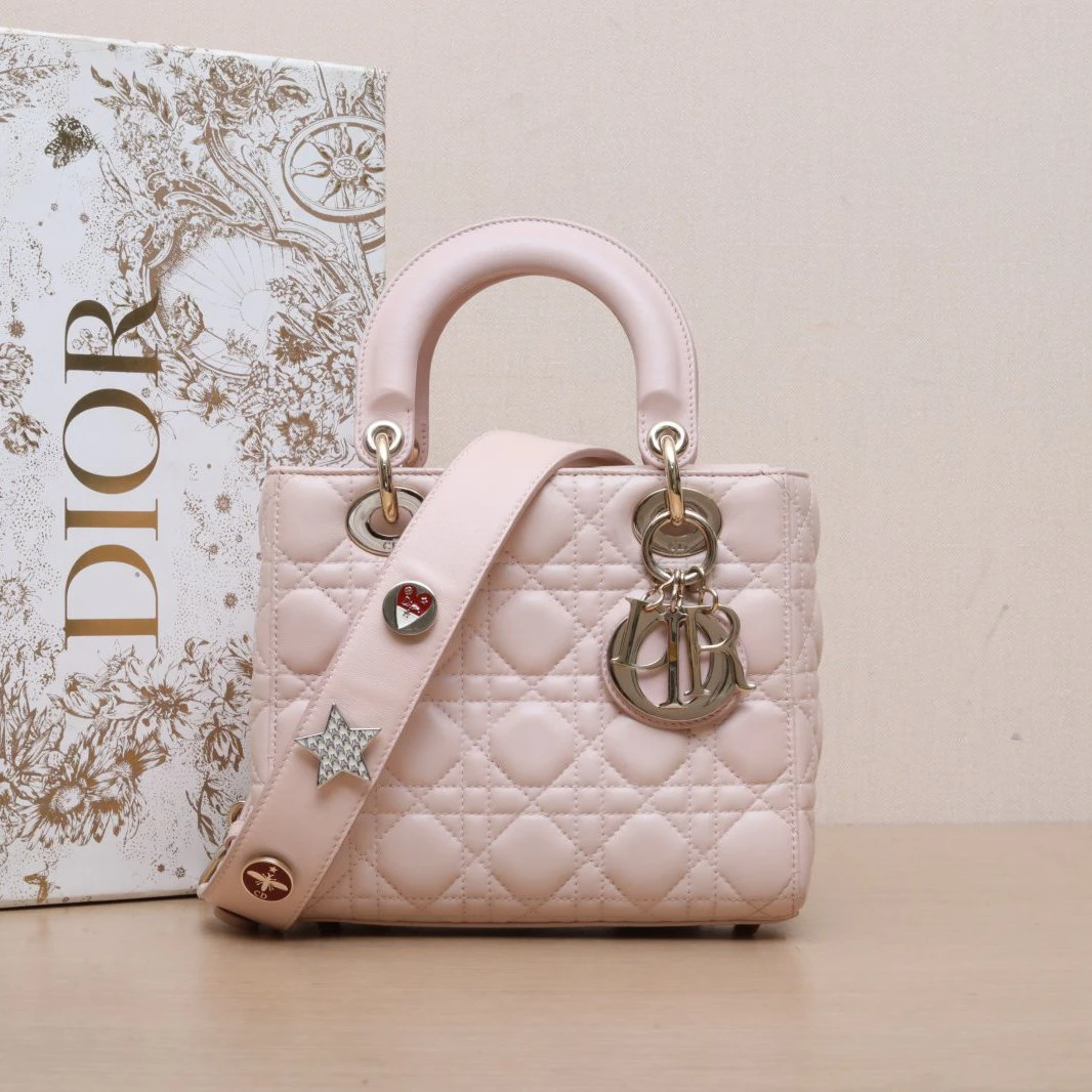 95新 DIOR/迪奥 花花 戴妃包 四格 徽章肩带 粉色 金扣 2017