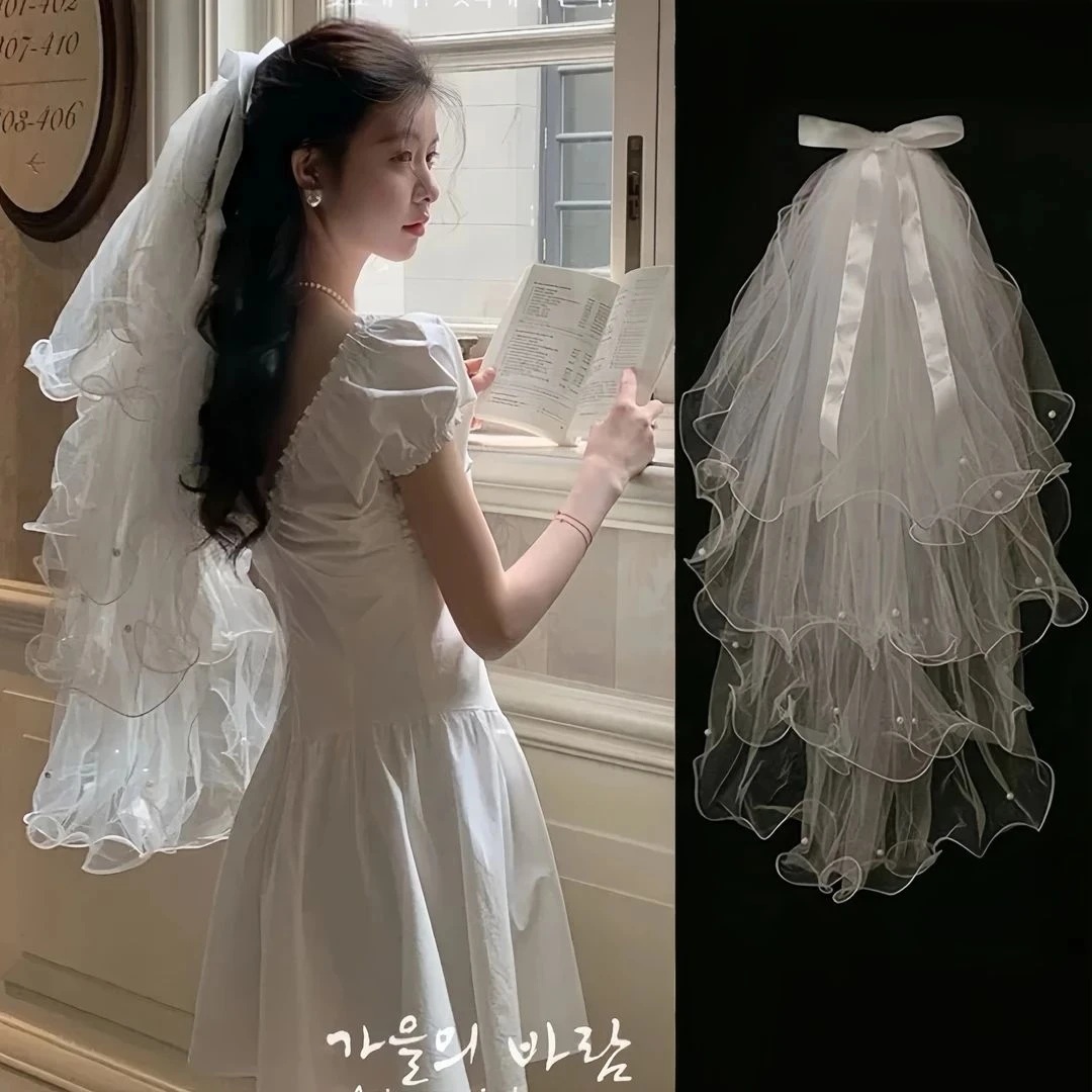 头纱领证登记求婚蝴蝶结演唱会蓬蓬纱新娘结婚头饰高级拍照发夹