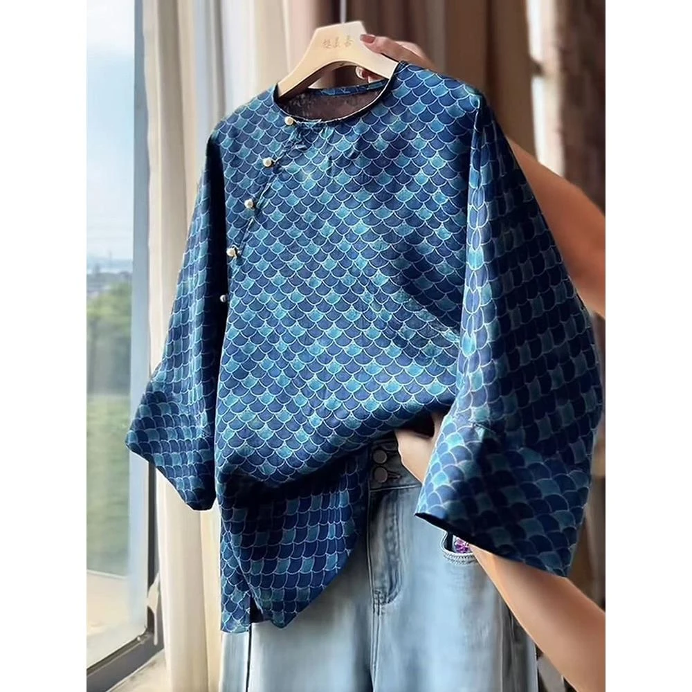 新中式老钱风龙鳞纹提花唐装小衫上衣女2025早秋国风斜襟圆领衬衫