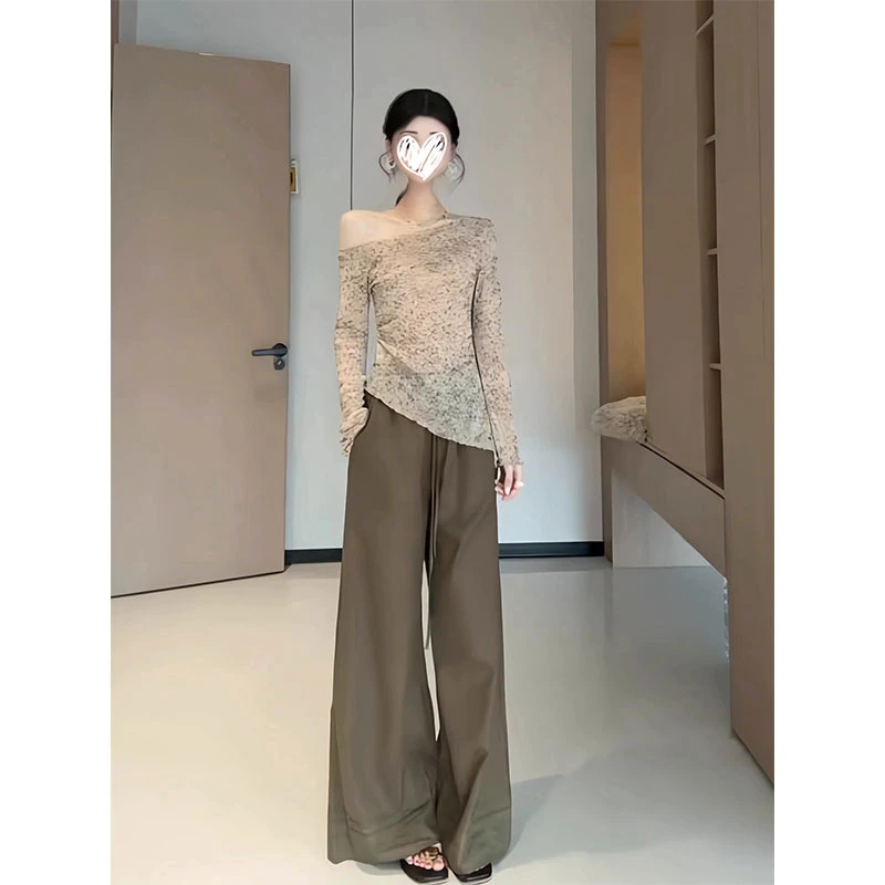 固质气质高级感不规则下摆T恤女夏季设计感印花修身显瘦长袖上衣