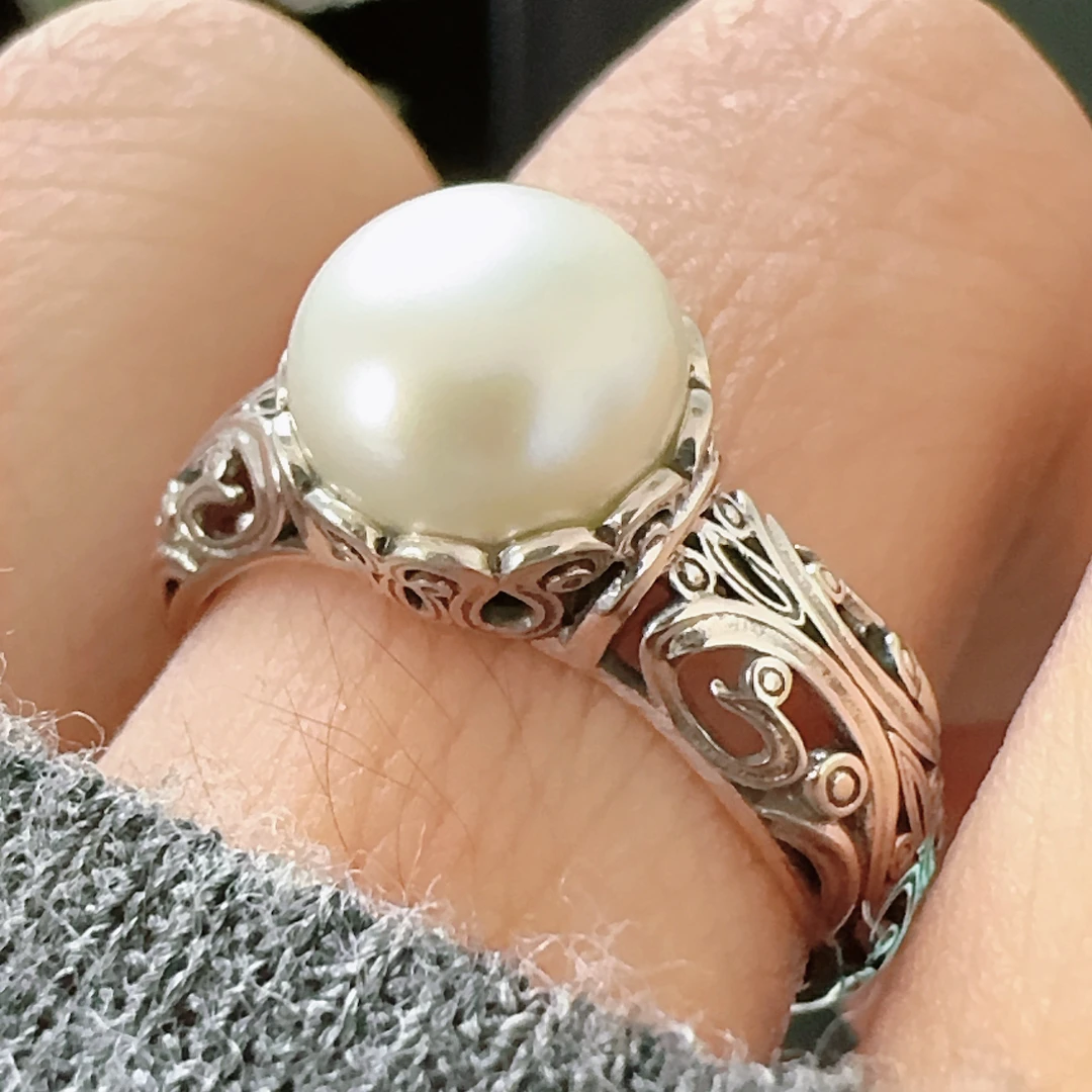 s925银新款蕾丝花边天然珍珠戒指