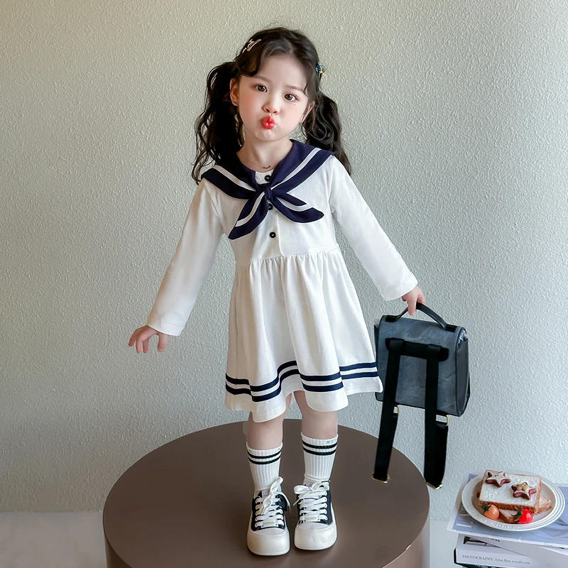 女童连衣裙春秋2025新款海军领洋气学院风公主春季宝宝春装白色潮