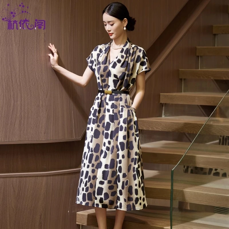 豹纹连衣裙女夏2025新款高级感法式气质收腰显瘦洋气独特短袖裙子