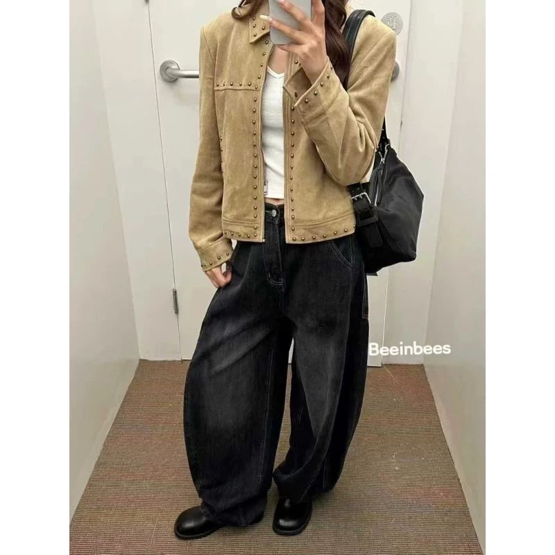 十三行2025秋季新款复古铆钉麂皮绒外套女短款高级感机车服夹克潮