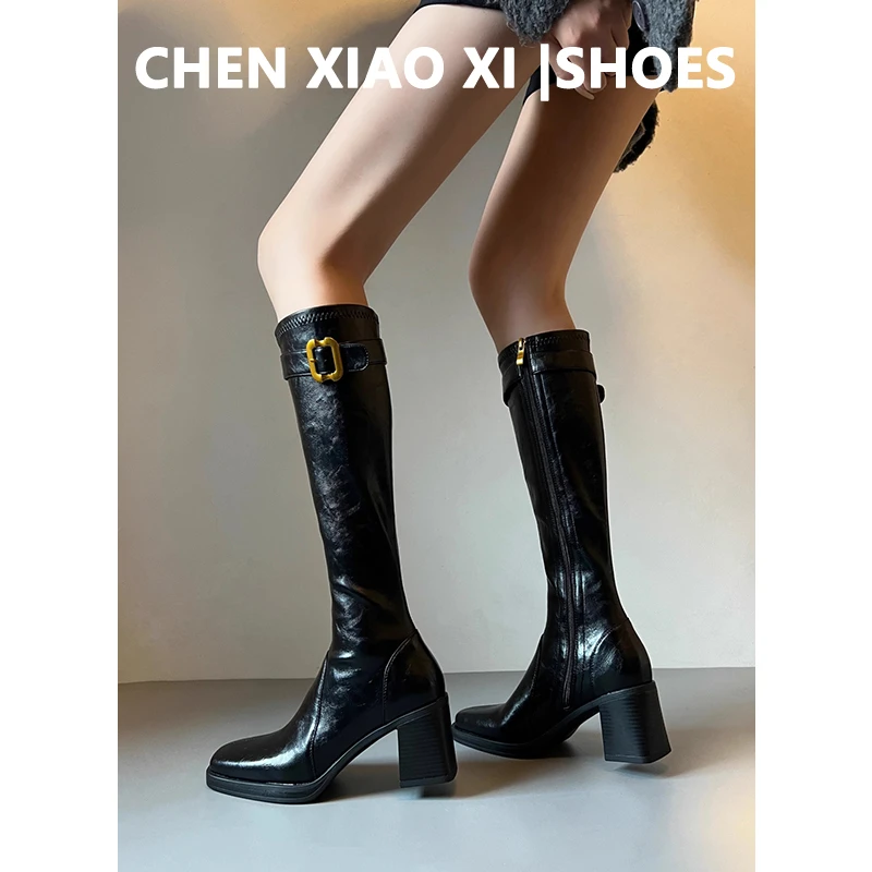 牛皮版！韩版不过膝长靴女秋冬季弹力瘦瘦靴皮带扣粗跟高筒骑士靴