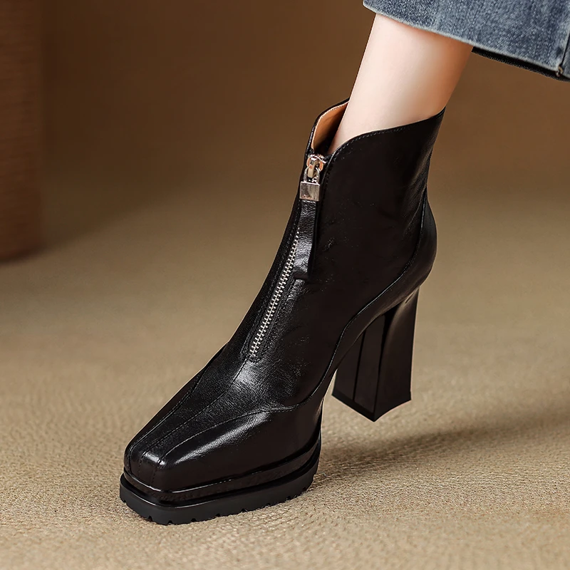 10cm小个子不累脚高跟短靴秋冬新款拉链粗跟方头女靴复古时尚靴子