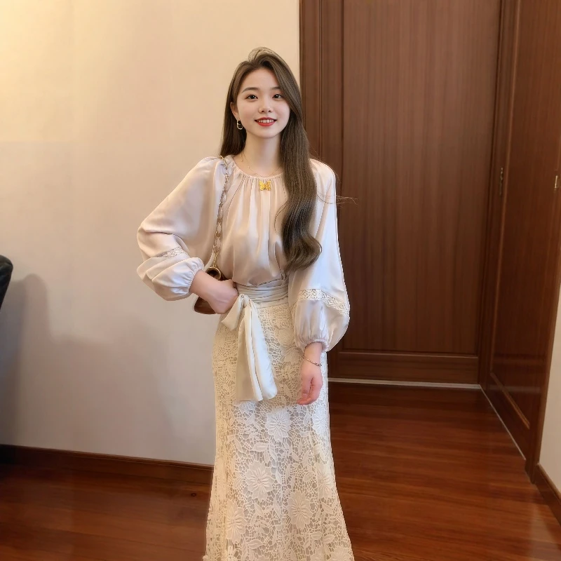 大方得体穿搭一整套御姐风高级感上衣蕾丝半身裙两件套装2025秋季