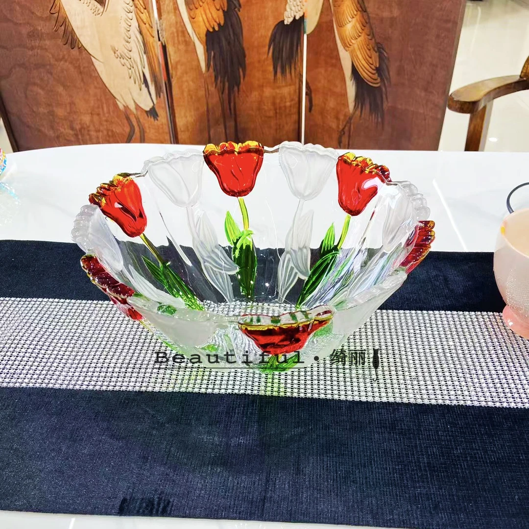 单只-轻奢人工彩绘郁金香大号果盘客厅装饰果斗高颜值摆件