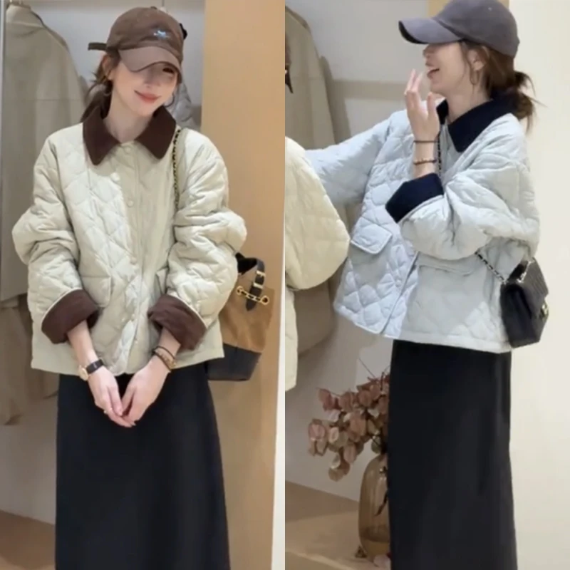 撞色翻领菱格保暖棉服女2025冬季新款时尚简约韩系减龄超好看外套