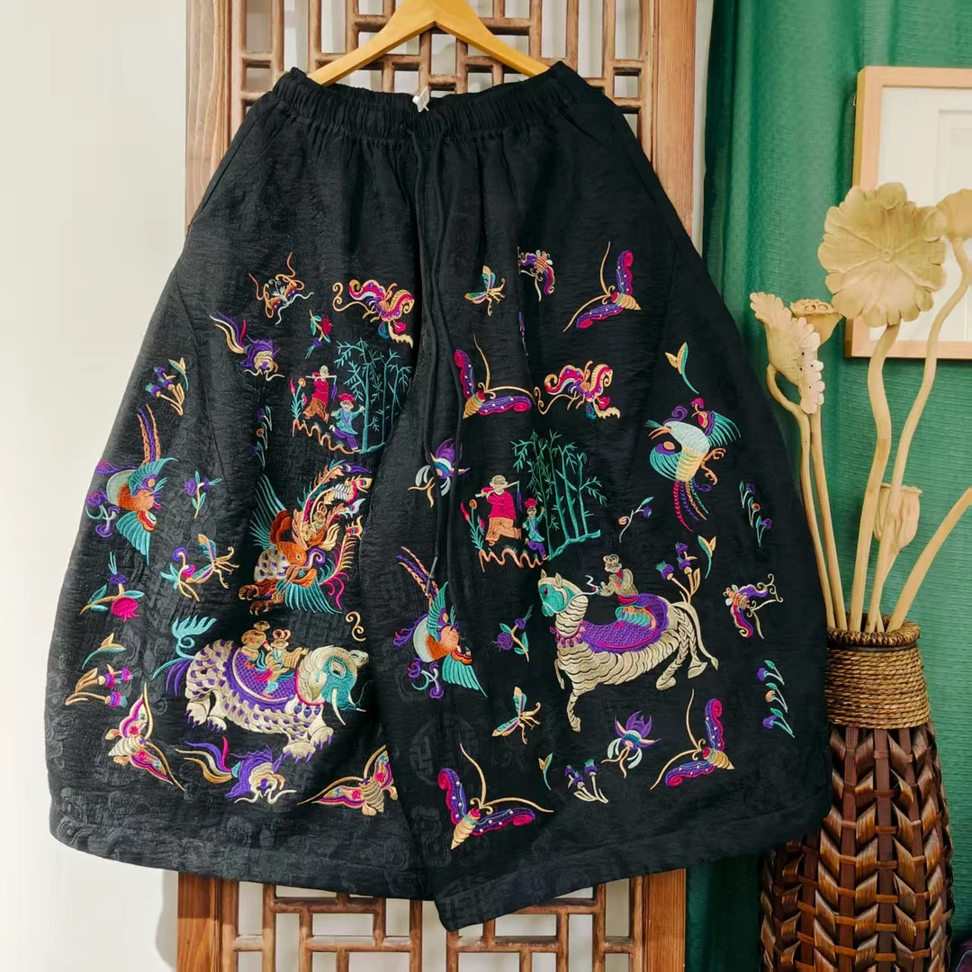 ( LK040-86)凤徕兮黑色福禄底彩色满图腾刺绣全松紧花苞棉裤（棉）