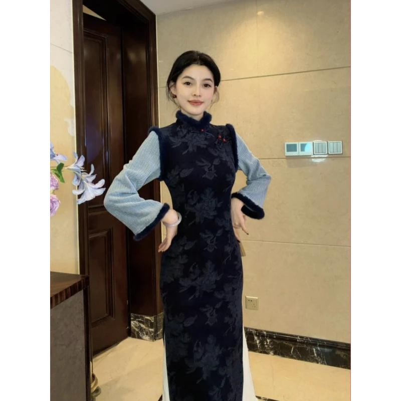 球球夫人丨流金岁月）125cm冬季加绒单层后拉链长袖藏青色旗袍