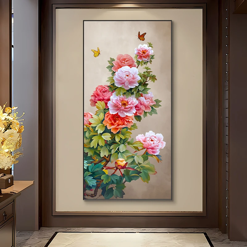 新中式玄关装饰画入户走廊过道牡丹花开富贵客厅竖版书房墙壁挂画