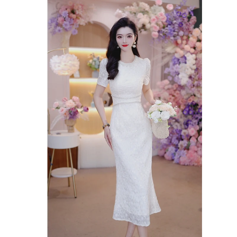 2025夏季新款气质显瘦蕾丝修身优雅轻奢名媛中长款短袖连衣裙6183