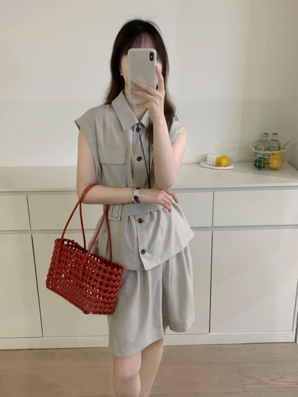 炸款～韩代简约休闲两件套衬衫五分裤2367