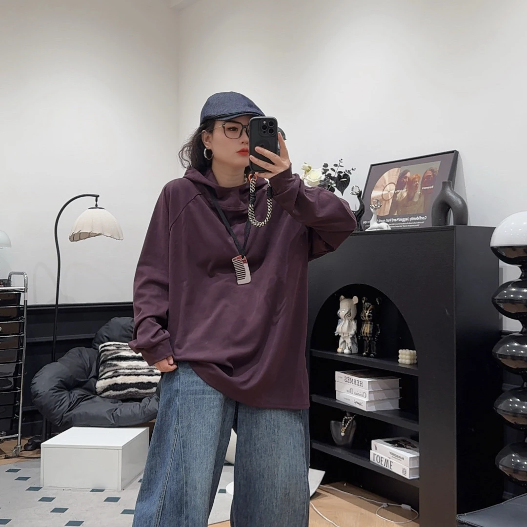 哆唛852028款秋冬新款德绒韩版宽松纯色长袖t恤女打底衫上衣帽衫