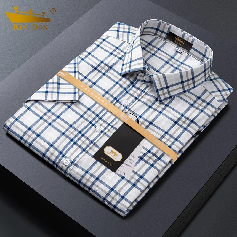 金盾夏季格子衬衫男长袖纯棉薄款青年休闲寸衫免烫全棉短袖衬衣男