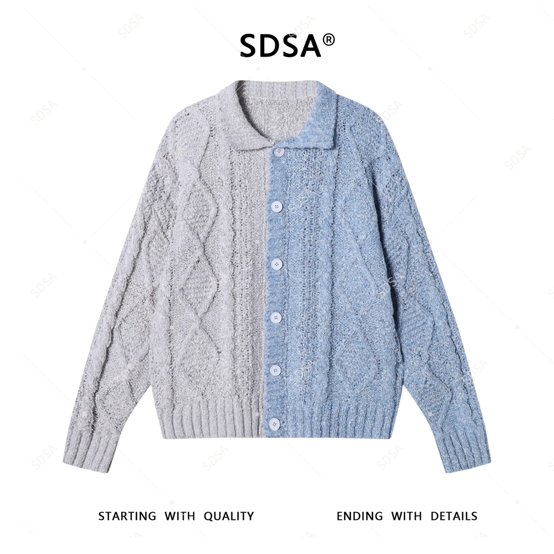 SDSA男士2025新款轻奢痞帅男装拼色菱形格设计纽扣翻领针织毛衣