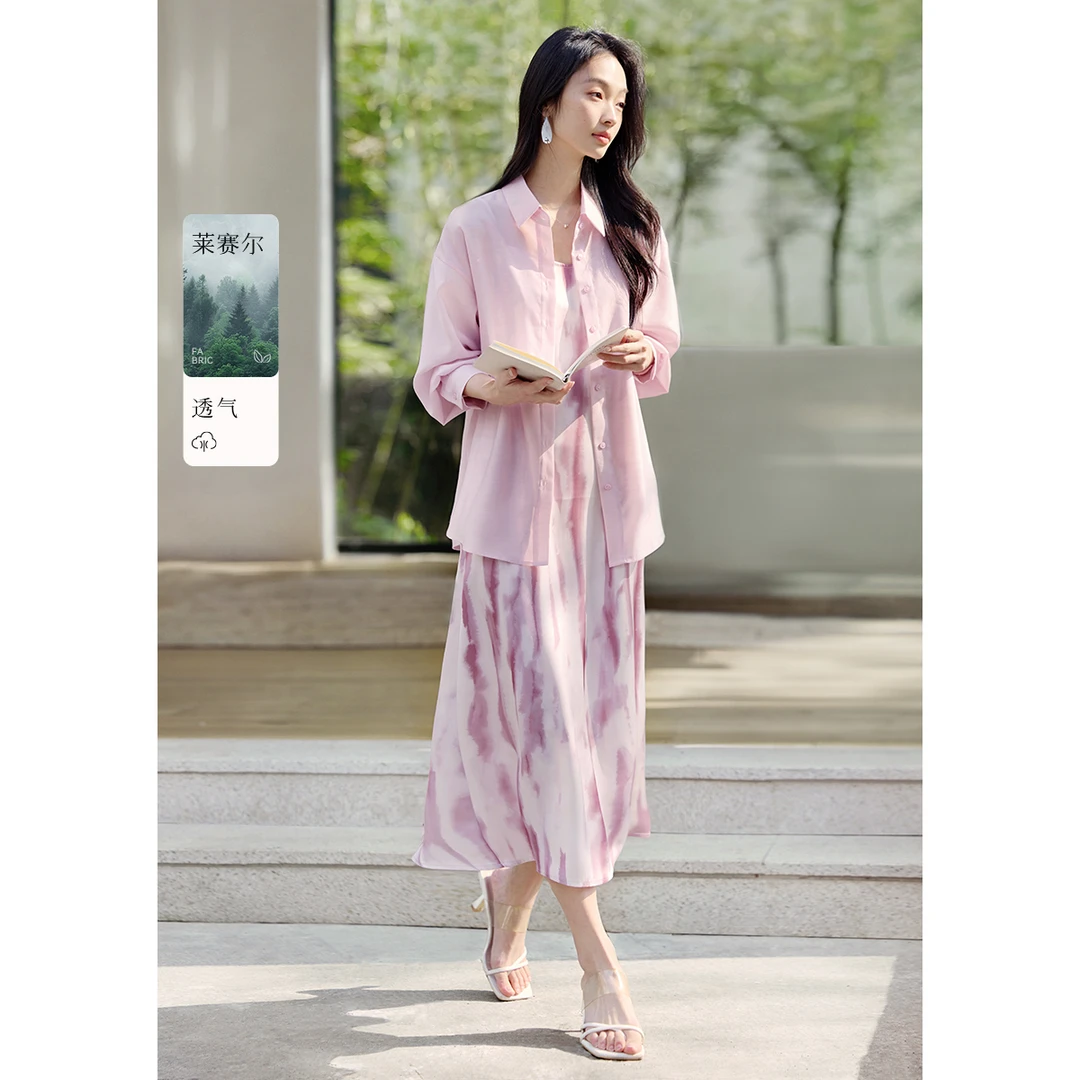 XWI欣未【樱花落】2025秋新款浪漫度假风缎面印花衬衫两件套装1A021