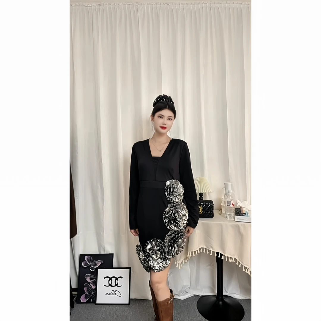 5171-1【包邮】重工立体花朵短款高级女装连衣裙