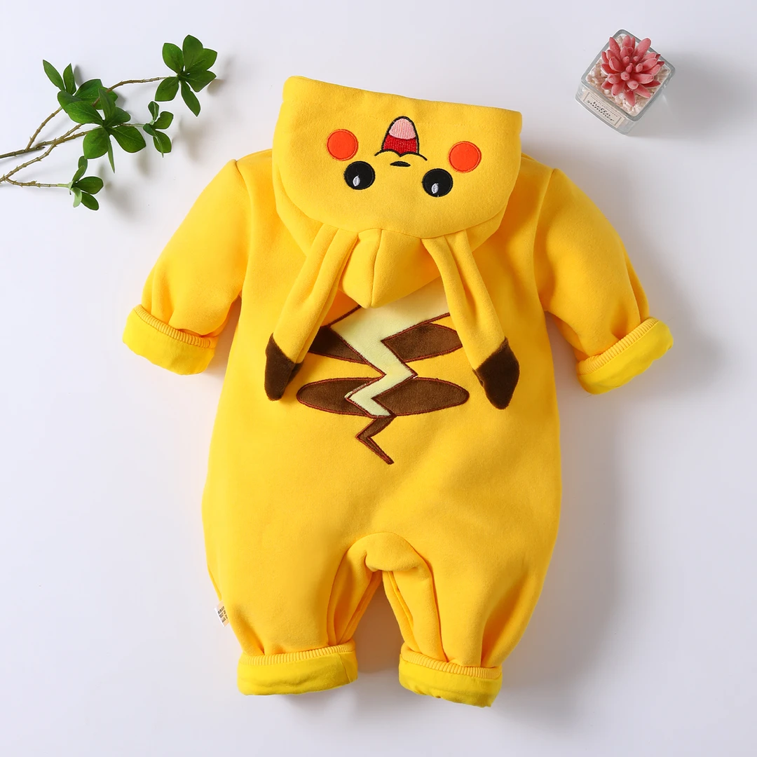 （咪）新款婴儿连体衣双层加厚春秋款宝宝哈衣超萌爬服皮卡丘造型衣