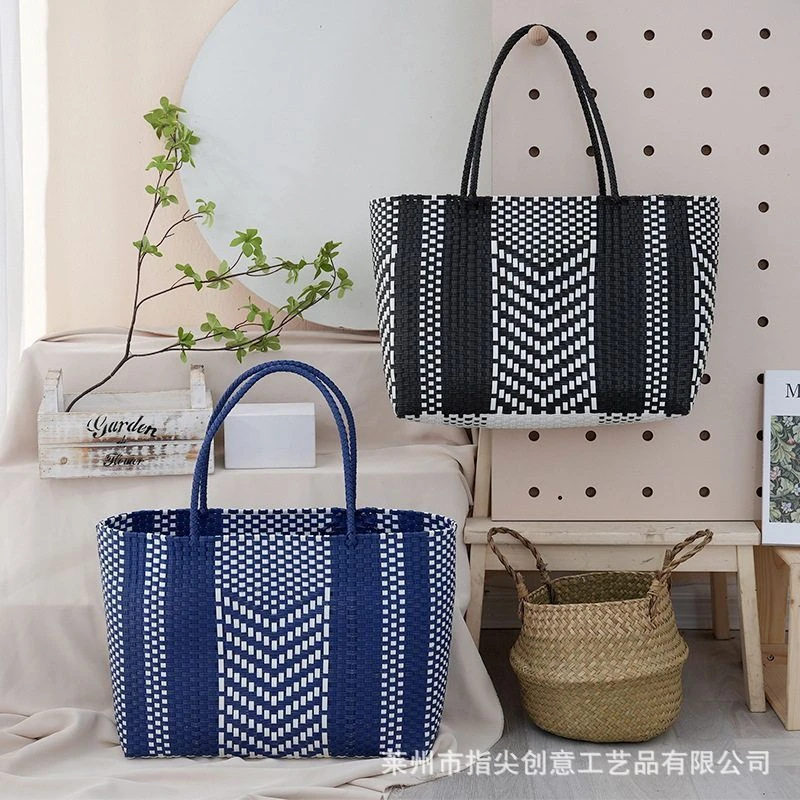 夏季时尚条纹塑料编织包菜篮子包通勤大容量单肩包手提包托特女