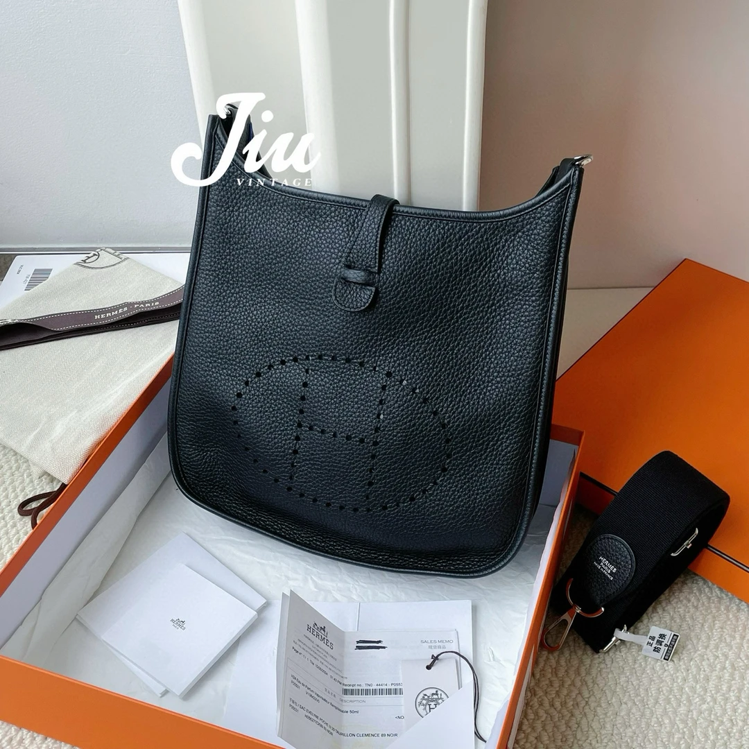 未使用 Hermes/爱马仕 evelyne29黑银w刻盒子尘袋票 CG18-0019