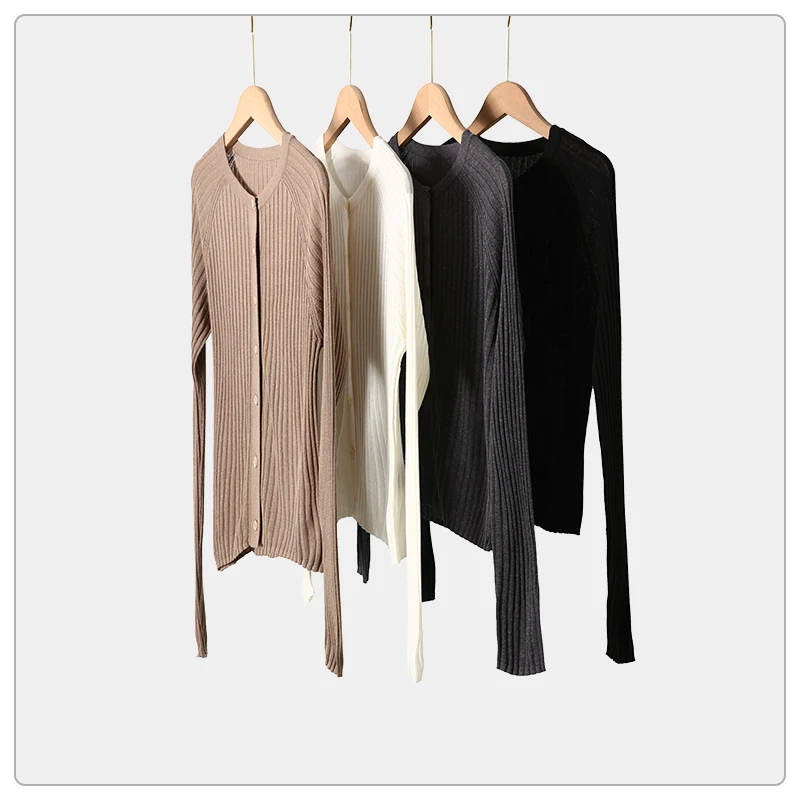 气质简约纯色坑条长袖圆领针织开衫--SSS8078