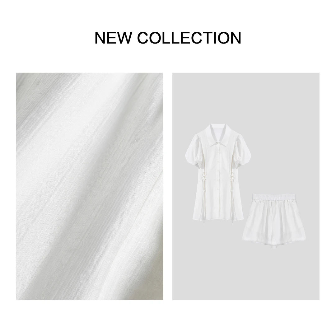 【小依专享】D3F38020A 简约时尚白短袖上衣与短裤两件套-8020