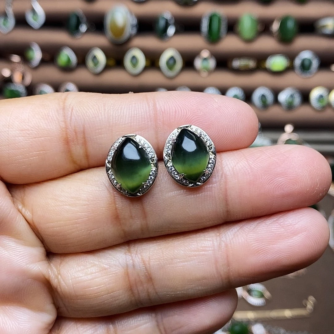 吊坠(不含链)银S925镶嵌和田玉（碧玉）耳饰