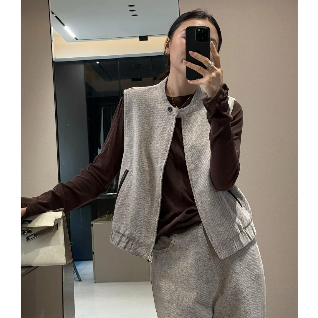 高智感时尚马甲套装女秋季百搭通勤简约灰色开衫背心阔腿裤两件套