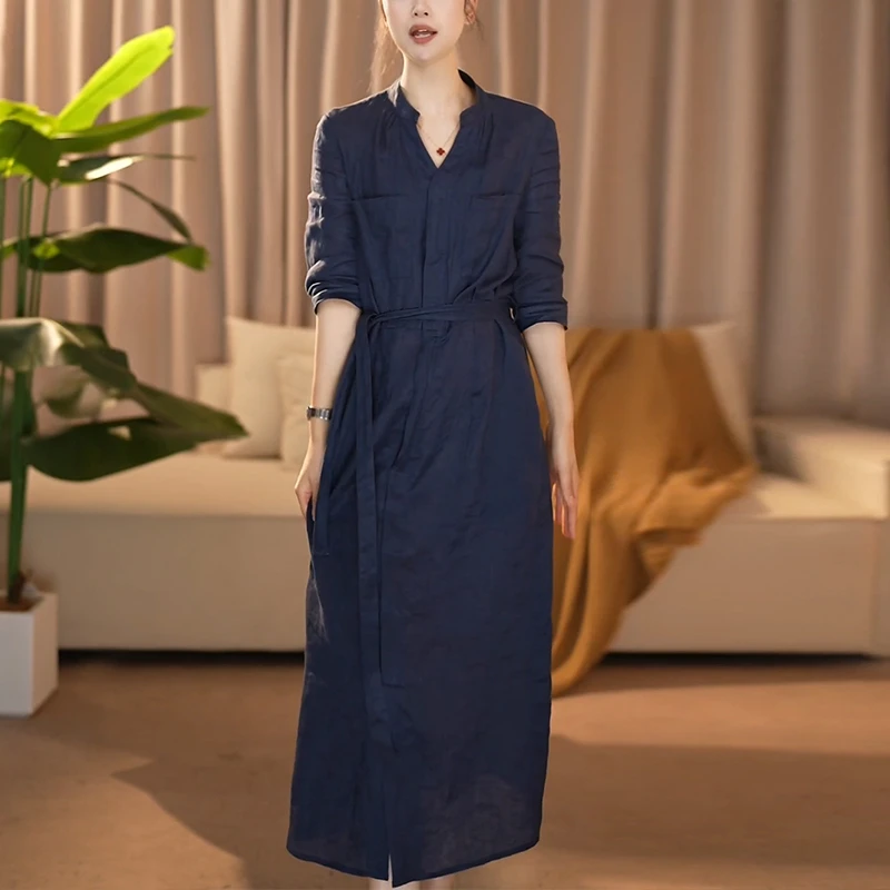 高级时尚苎麻连衣裙女2025夏季新款长裙绑带收腰显瘦时尚别致裙子