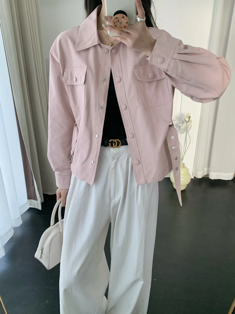 韩系翻领腰带衬衫外套女春季新款气质设计感收腰显瘦短款上衣