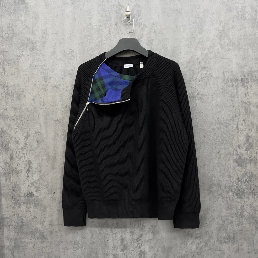 未使用 BURBERRY/博柏利 25新款拉链格纹重磅螺纹毛衣/ZK494/XXL